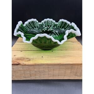 Vintage Emerald Green Ruffled Candy Dish With White Trim